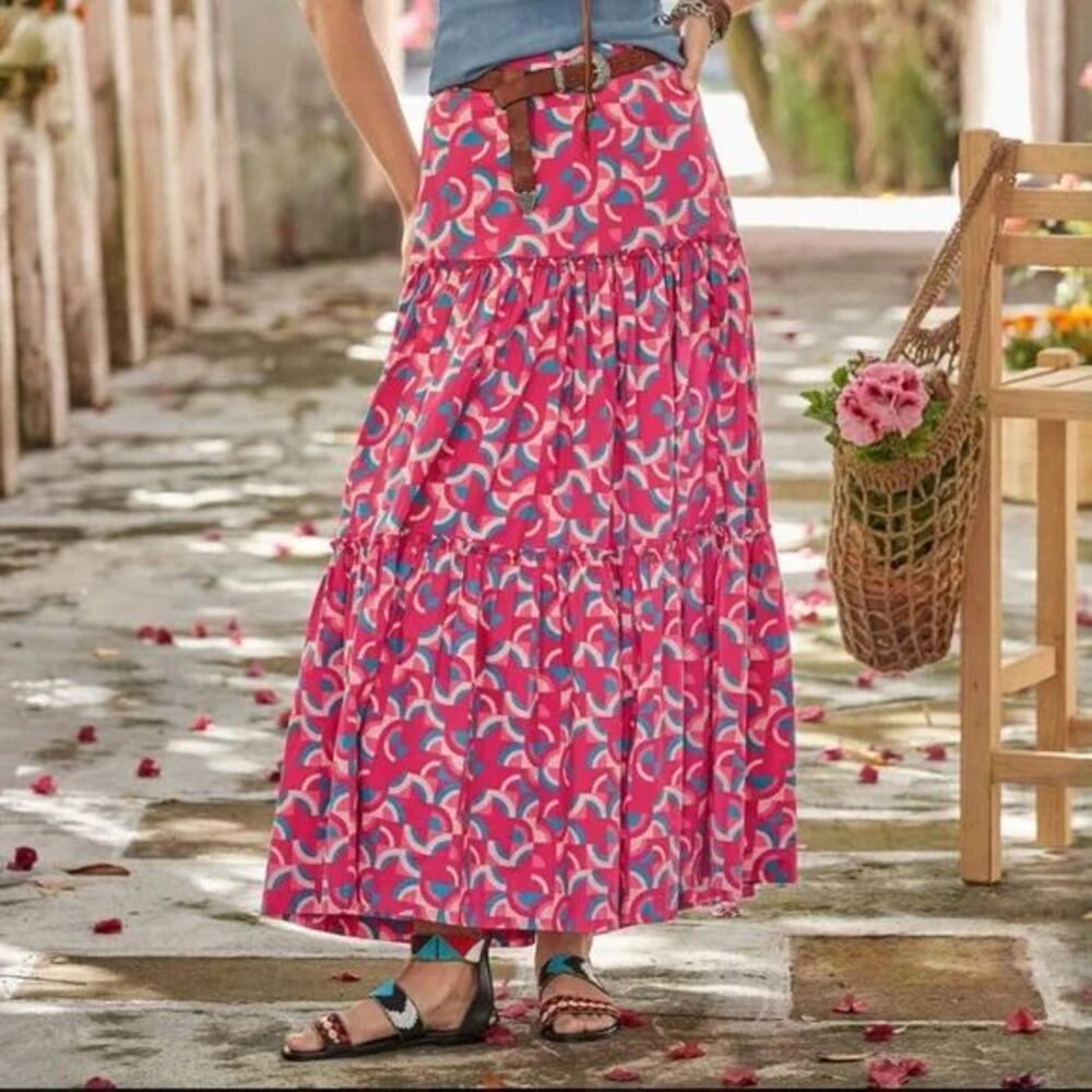 Sundance Pink and Blue Abstract Print Tiered Maxi Skirt